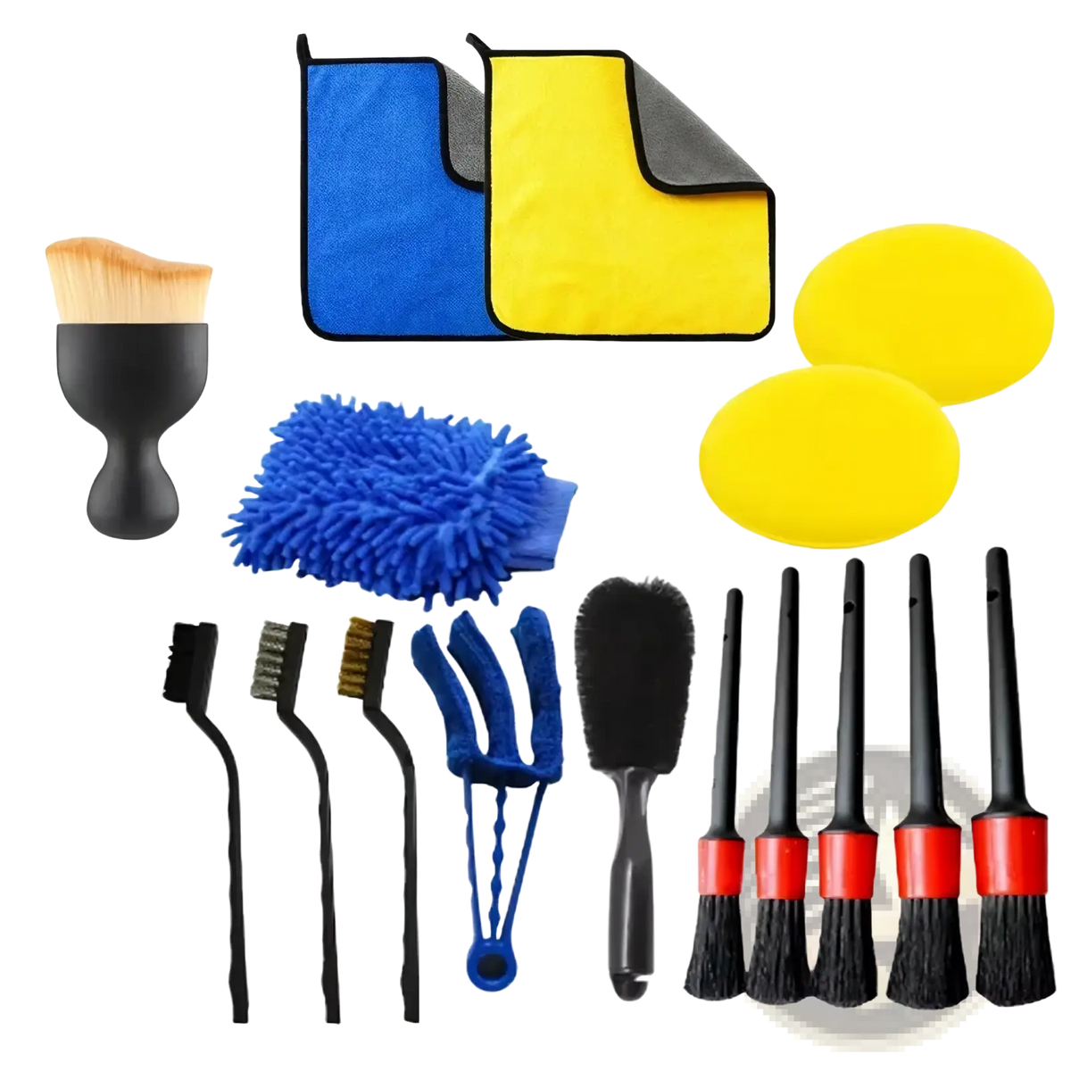 16-piece car detailing brush set auto cleaning kit with black and red brushes, blue duster mitt, microfiber cloths, and yellow pads
