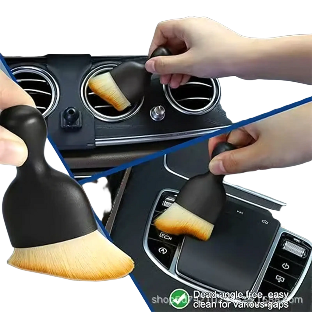 Black-handled car air vent cleaning brush with soft golden-brown bristles in car detailing brush set auto cleaning kit
