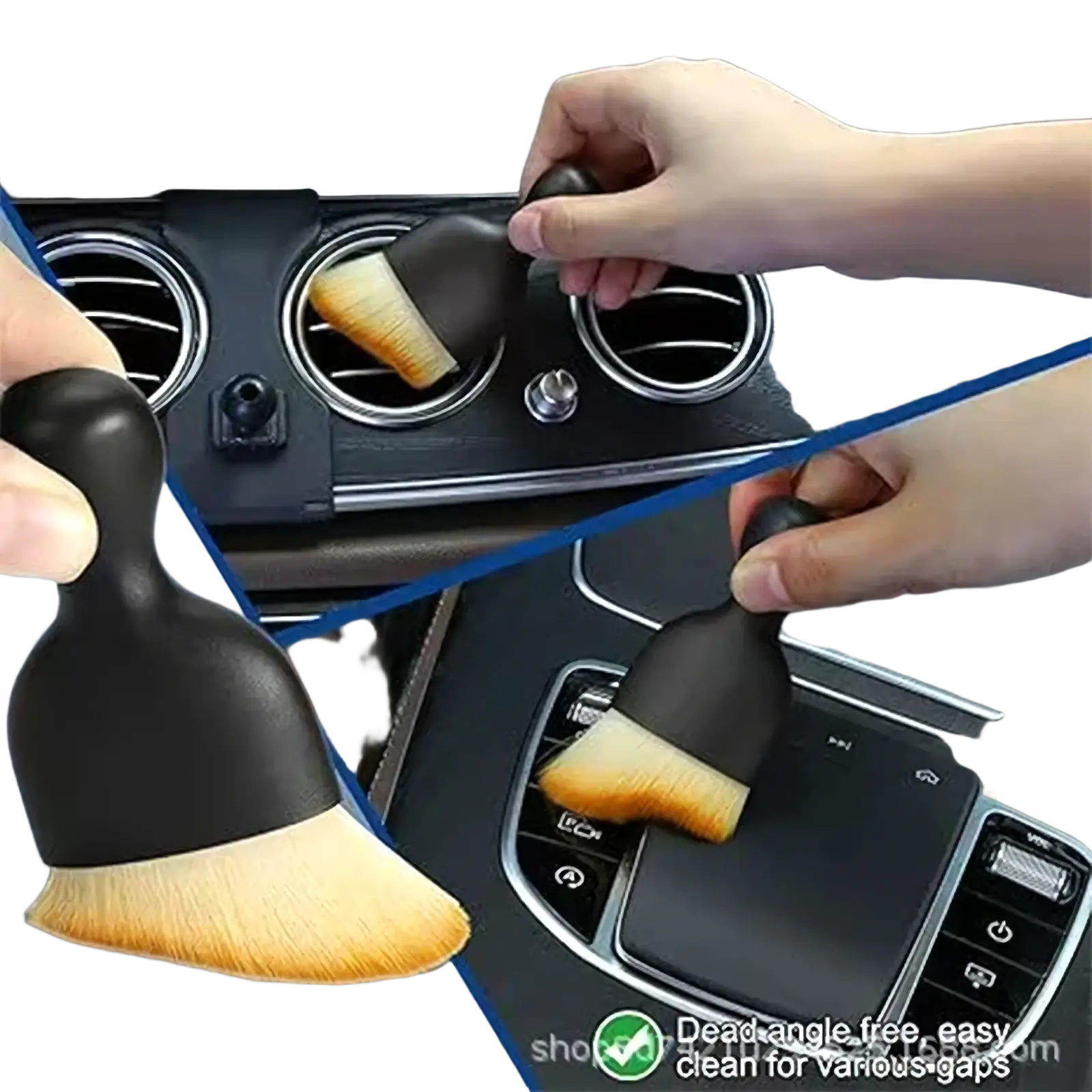 Black-handled car air vent cleaning brush with soft golden-brown bristles in car detailing brush set auto cleaning kit