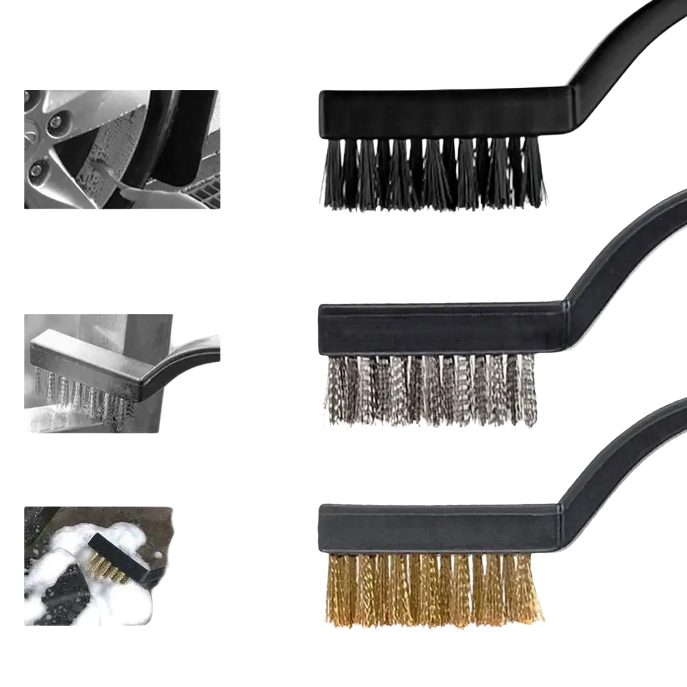 Black-handled car detailing brush set with plastic stainless steel and copper bristles for auto cleaning purposes