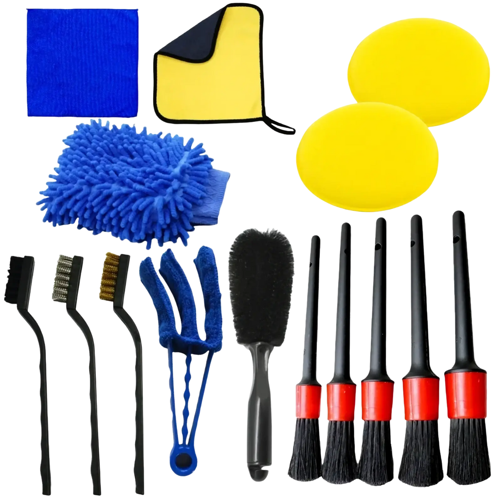 Blue microfiber car detailing brush set with yellow and black accessories for auto cleaning and maintenance