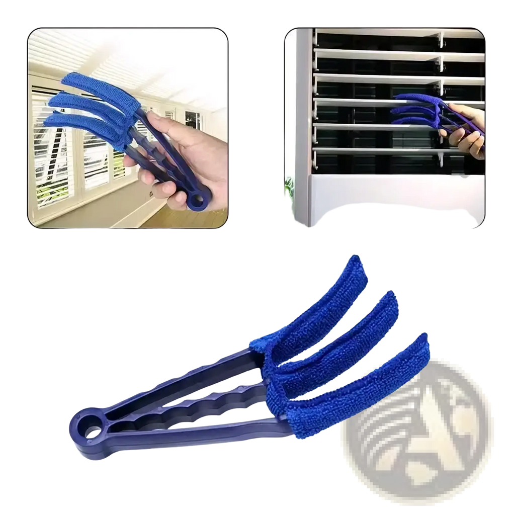 Blue microfiber car detailing brush with plastic handle designed for cleaning between window blinds and air vent slats