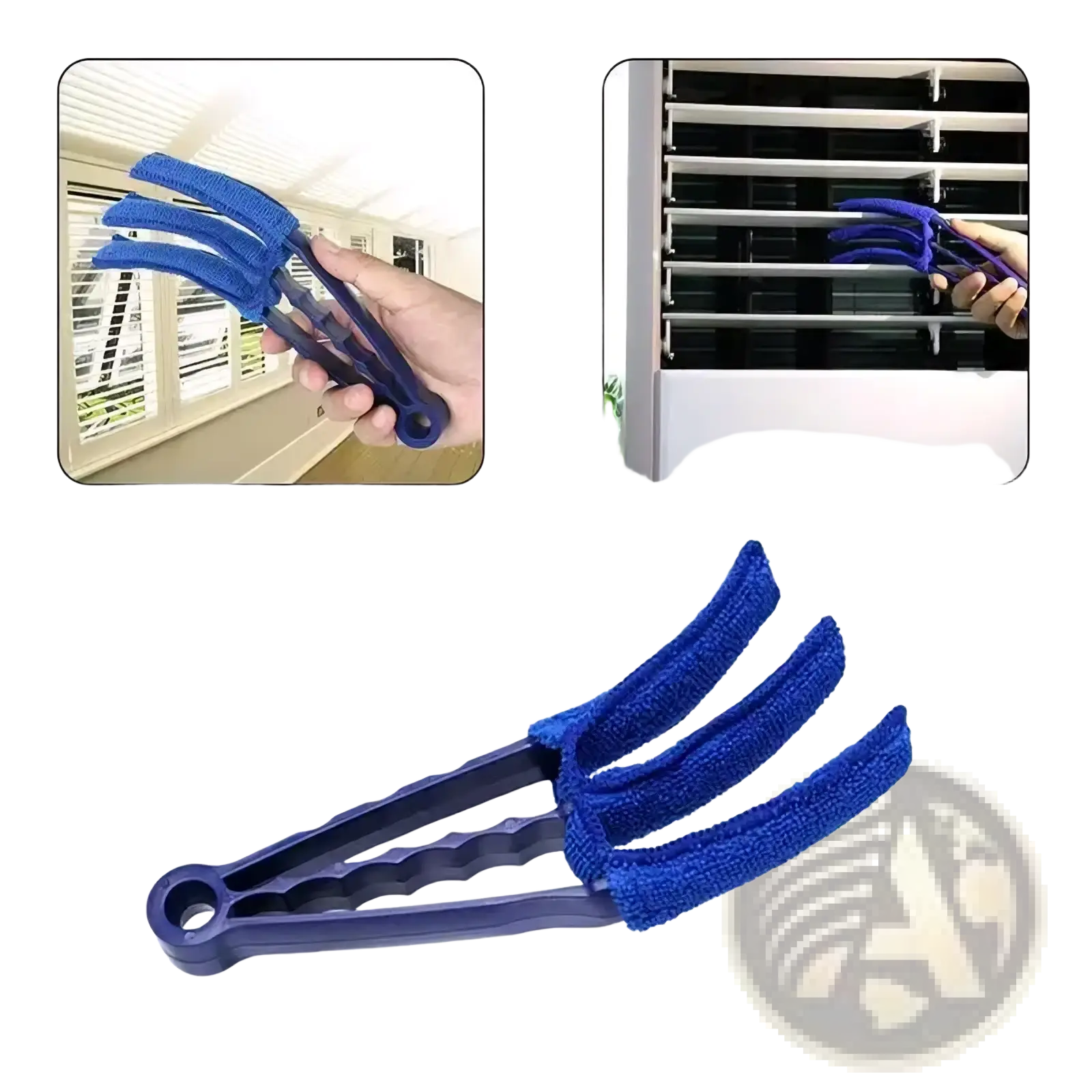Blue microfiber car detailing brush with plastic handle designed for cleaning between window blinds and air vent slats