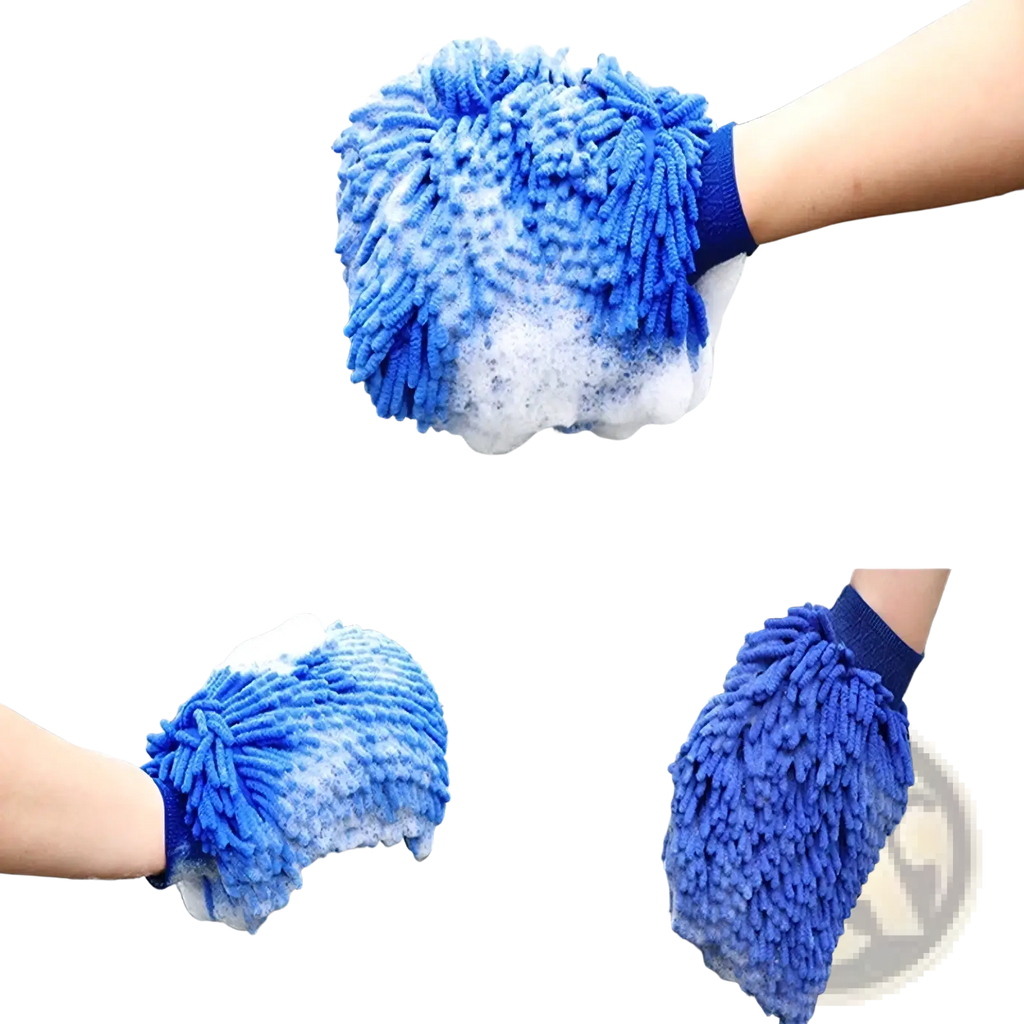 Blue microfiber car wash mitt with plush textured surface and snug wristband from car detailing brush set auto cleaning kit