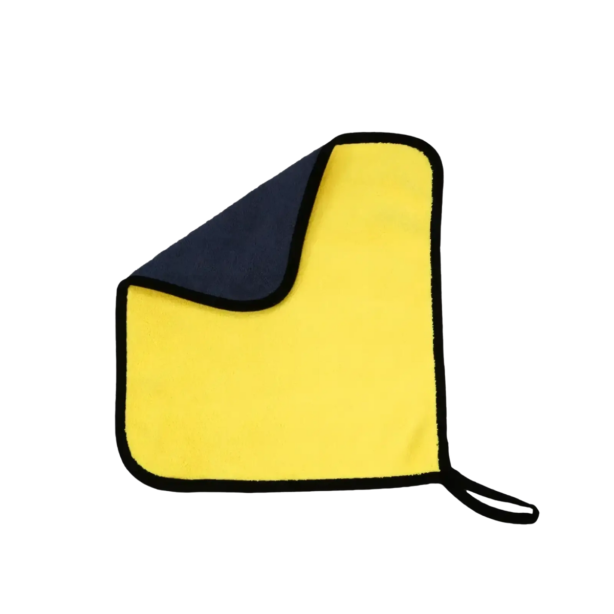 Bright yellow microfiber car detailing cloth with navy blue underside and looped handle for easy carrying in auto cleaning kit
