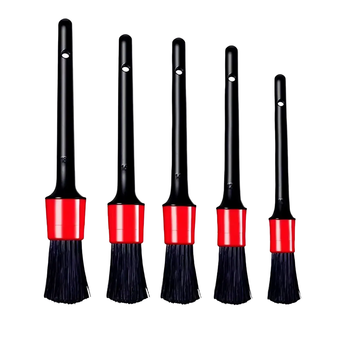 Set of five black and red car detailing brushes with varying bristle widths for auto cleaning kit use