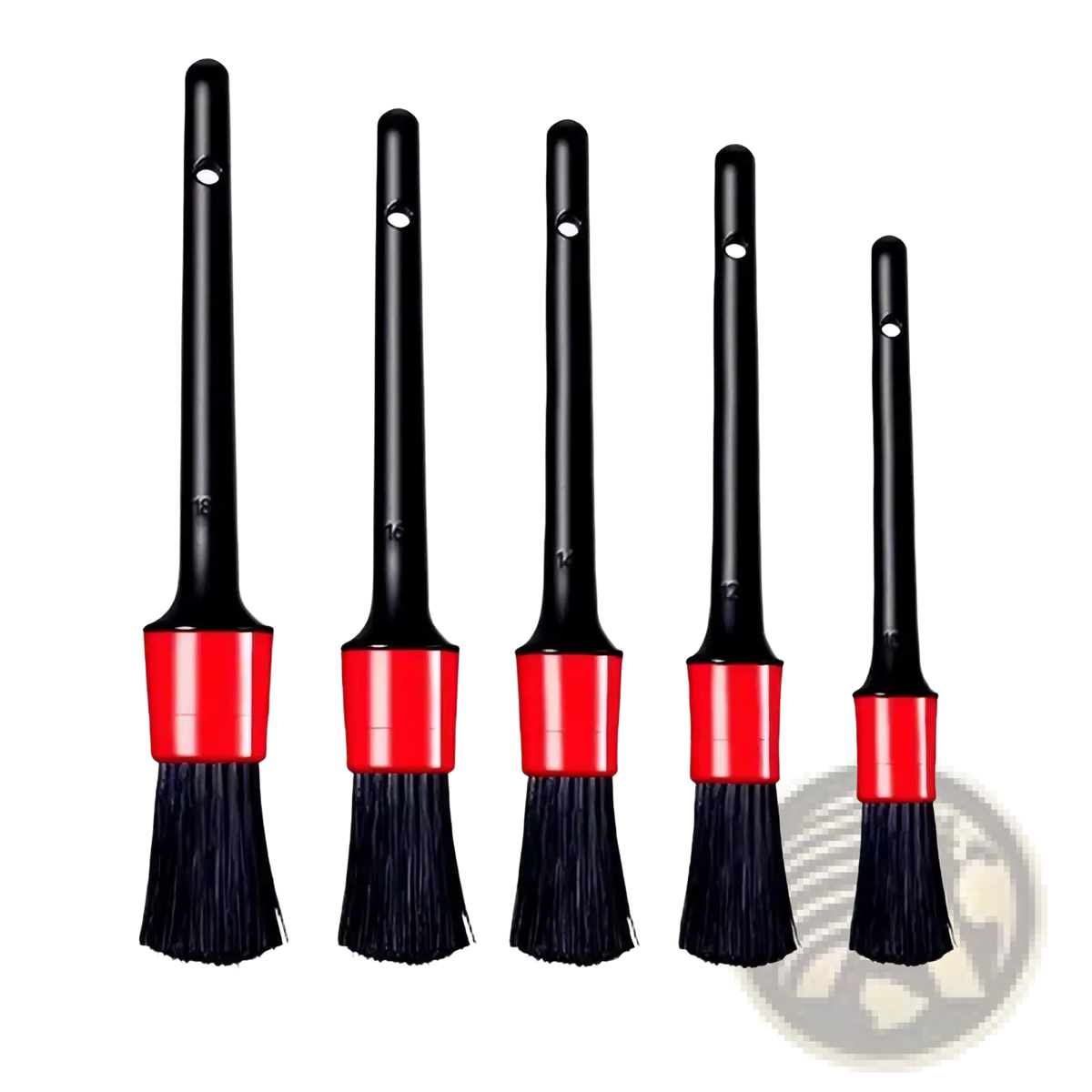 Set of five black and red car detailing brushes with varying bristle widths for auto cleaning kit use