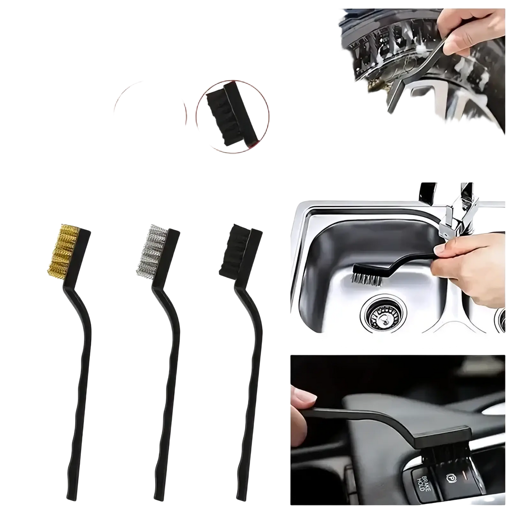 Set of three black-handled car detailing brushes with brass stainless steel and nylon bristles for auto cleaning