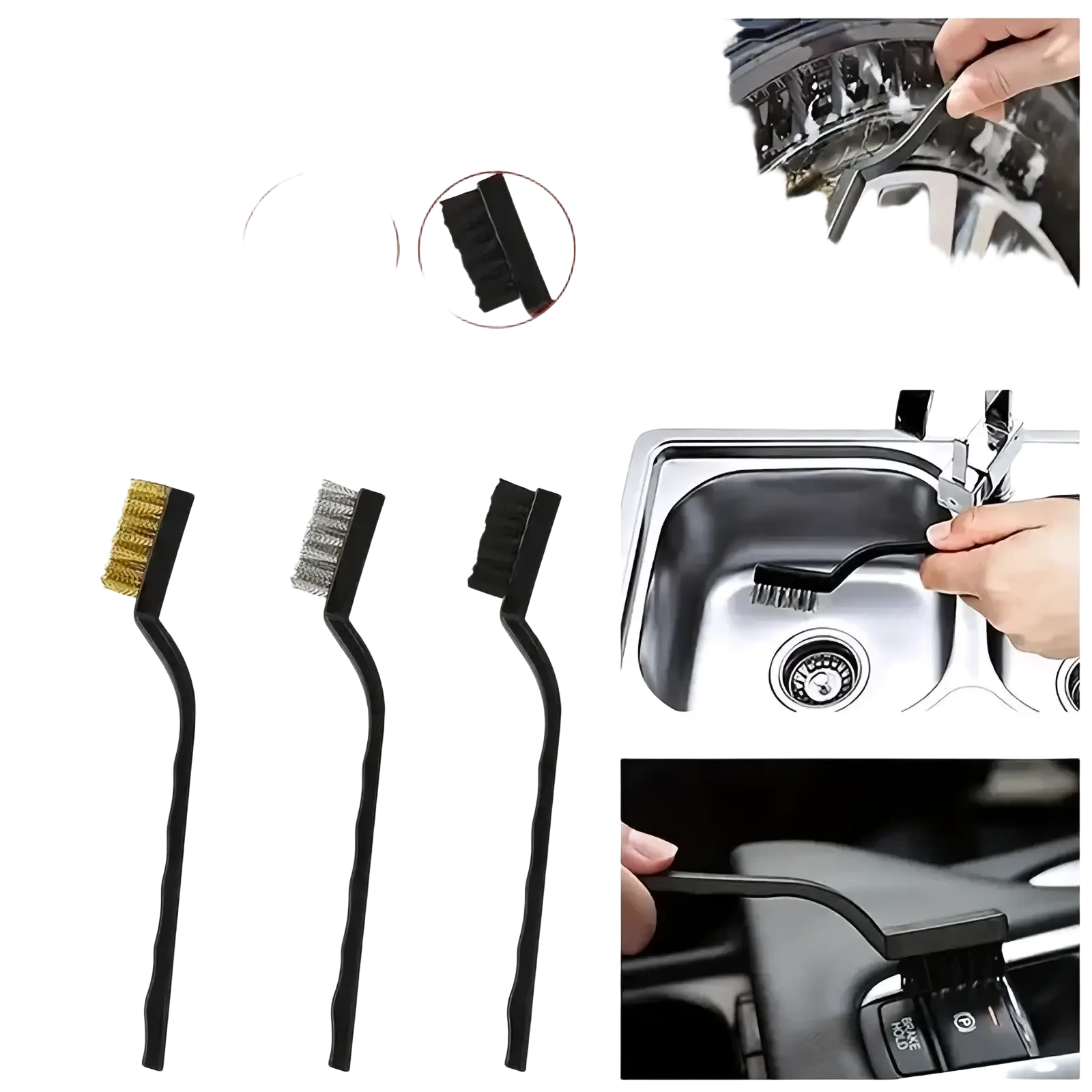 Set of three black-handled car detailing brushes with brass stainless steel and nylon bristles for auto cleaning