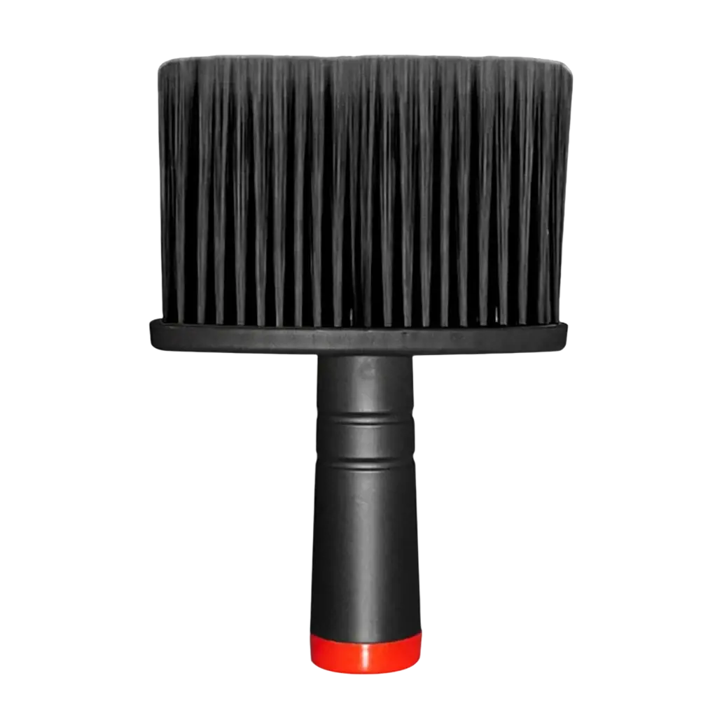 Black car detailing brush with dense stiff bristles and textured grip handle accented by red base for soft interior cleaning