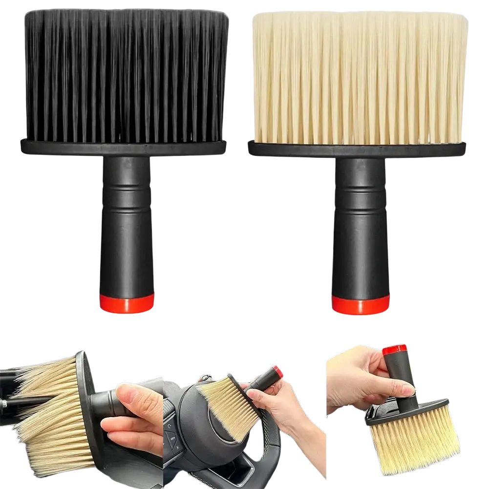 Black-handled car detailing brush with dense stiff black and natural beige bristles for soft interior cleaning