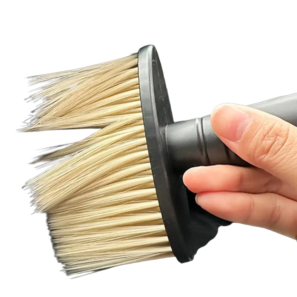 Car detailing brush with black handle and dense light beige bristles for soft interior cleaning of car air vents