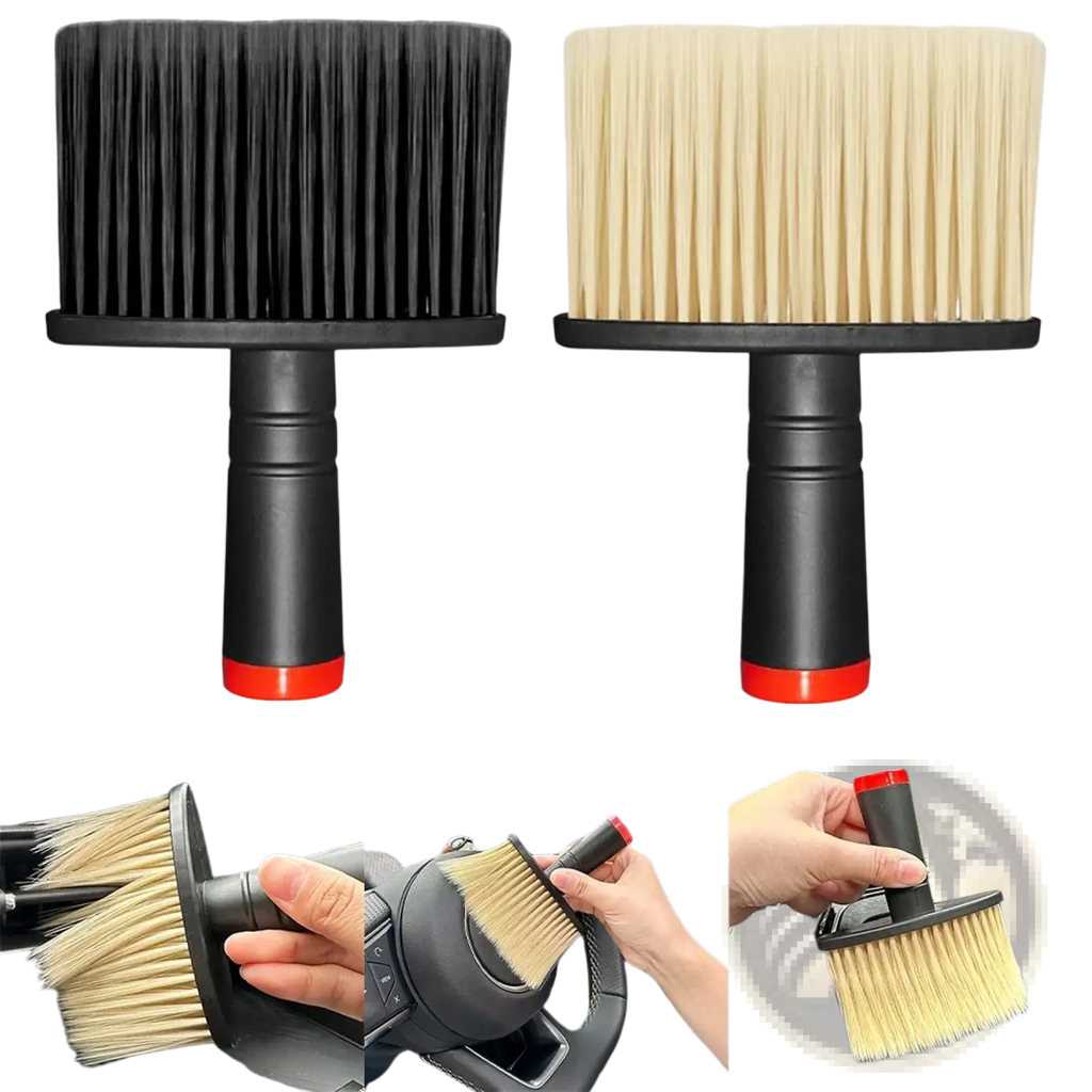 Black-handled car detailing brush with dense stiff black and natural beige bristles for soft interior cleaning