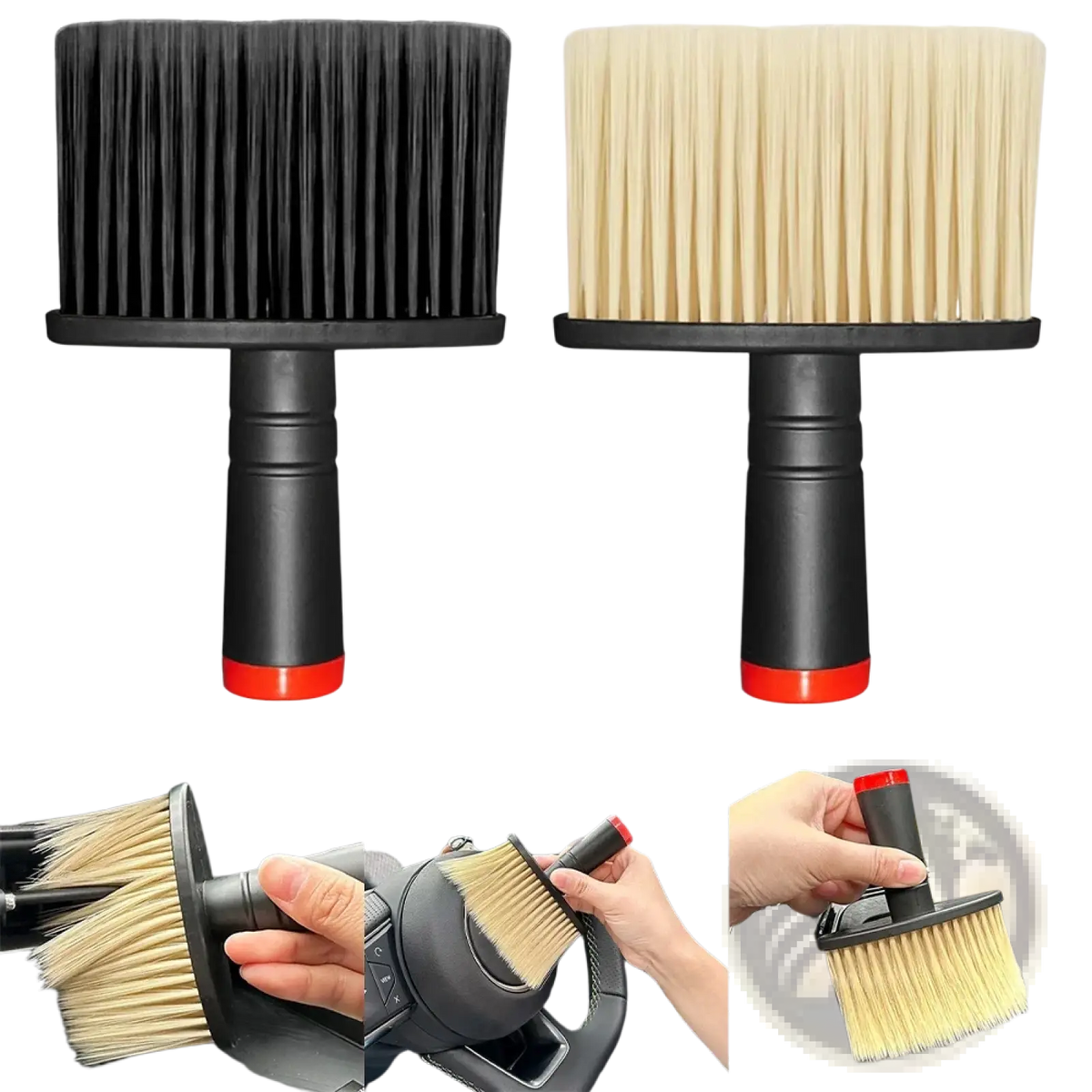 Black-handled car detailing brush with dense stiff black and natural beige bristles for soft interior cleaning