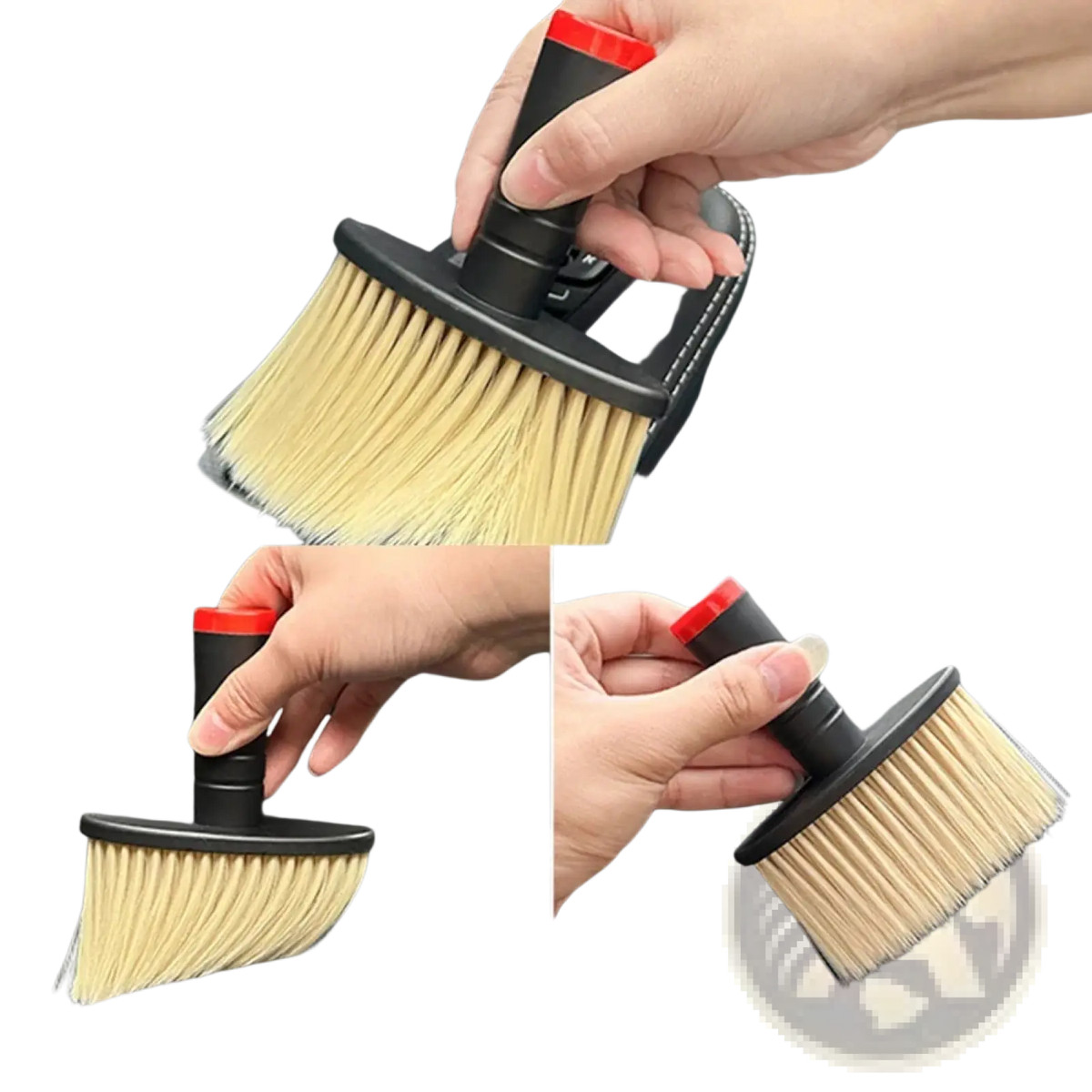 Black and red car detailing brush with soft tan bristles for gentle interior cleaning and detailing use