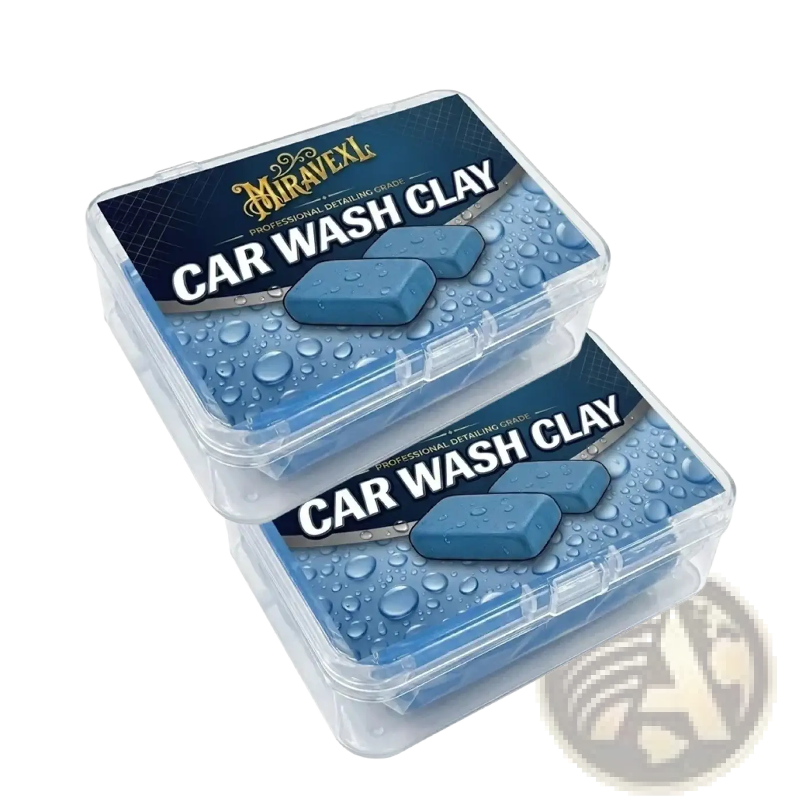 Two blue rectangular car wash clay bars in clear plastic containers by miravek for paint safe car detailing