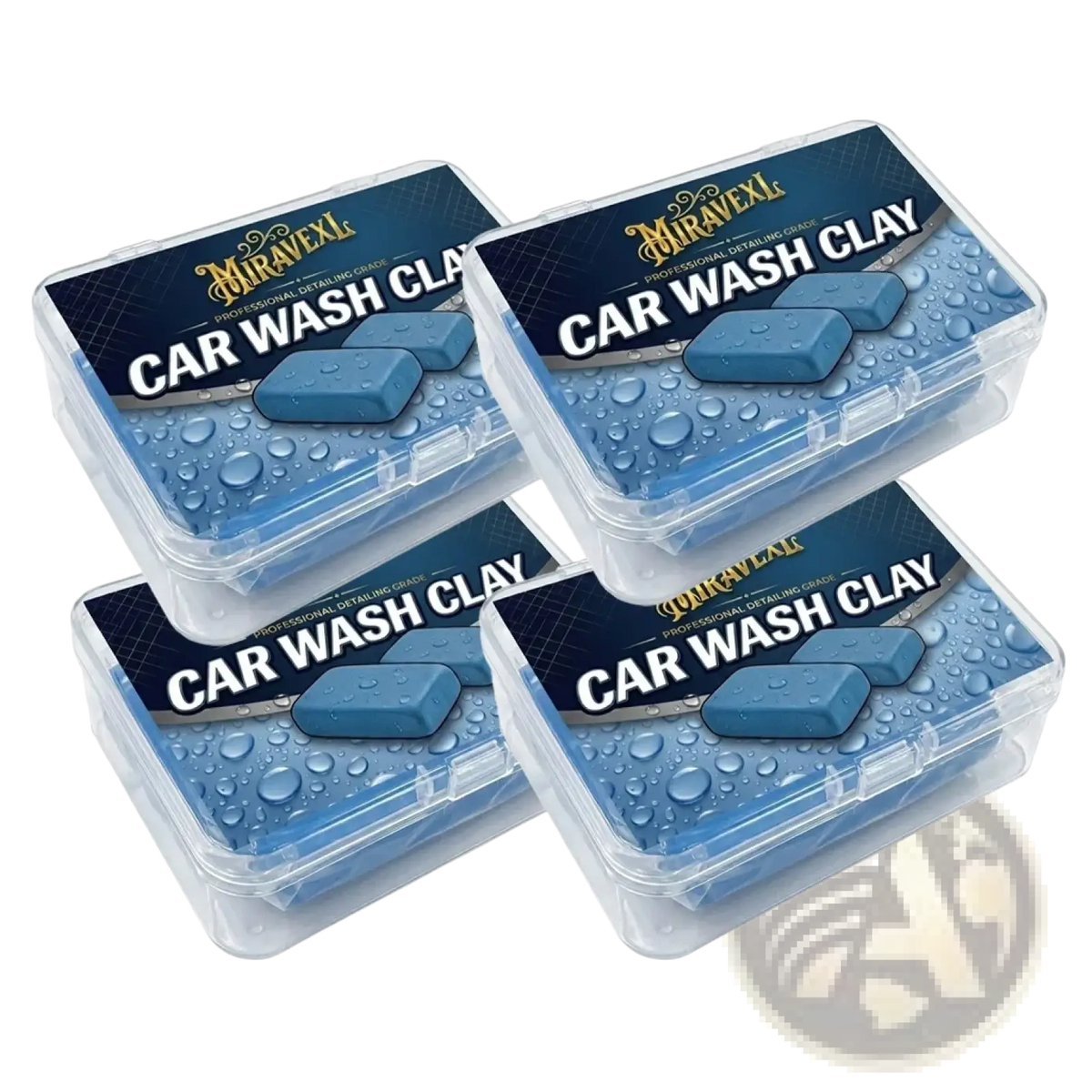 Blue rectangular car wash clay bars in clear storage cases by Miravexl for paint safe car detailing use