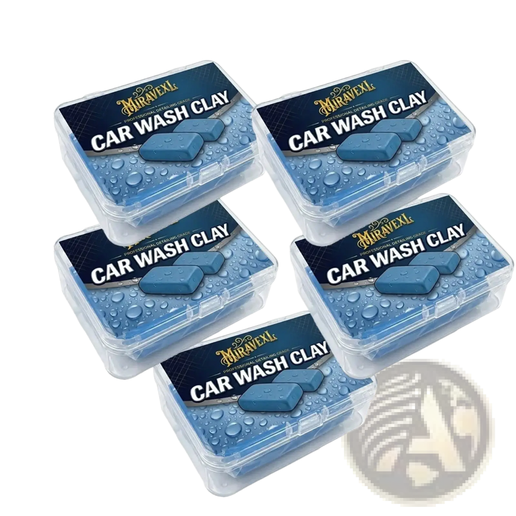 Five-pack of miravexl professional blue clay bars in clear plastic containers for paint safe car detailing