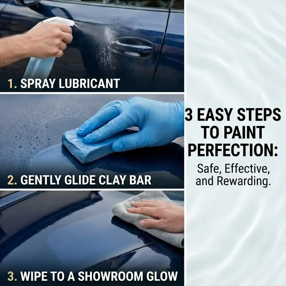 Blue car door being cleaned with paint safe car detailing clay bar lubricant and microfiber cloth with storage case
