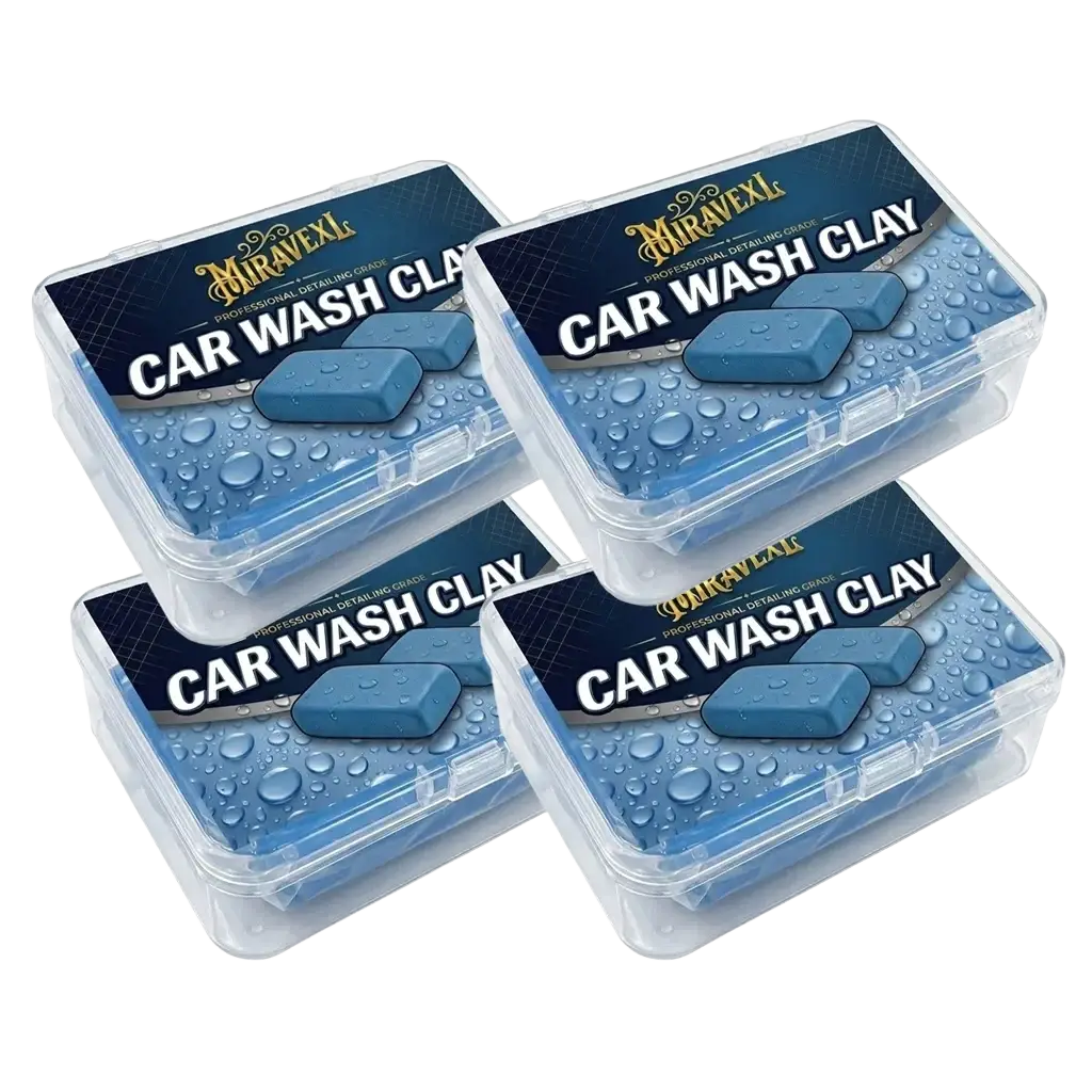 Blue rectangular car wash clay bars in clear storage cases by Miravexl for paint safe car detailing use