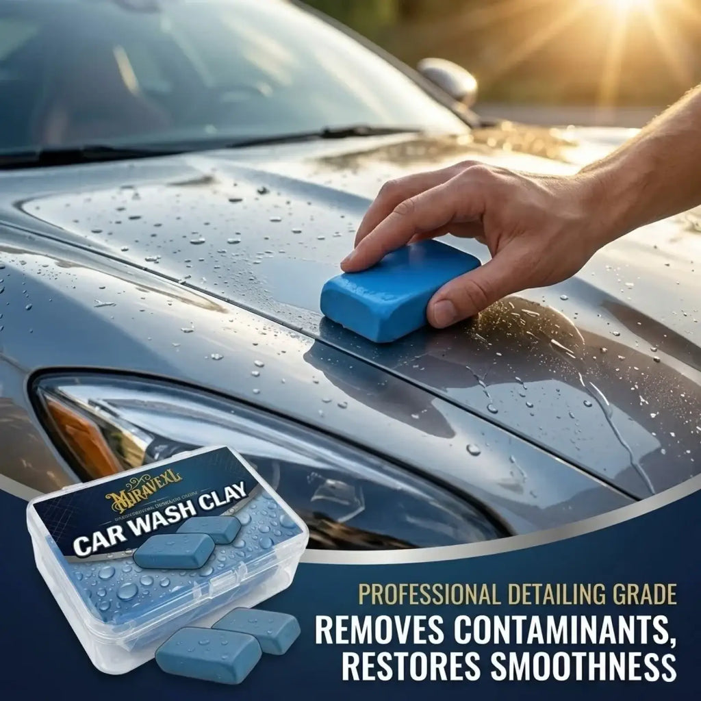 Blue rectangular car detailing clay bar being used on shiny silver car hood with paint safe storage case
