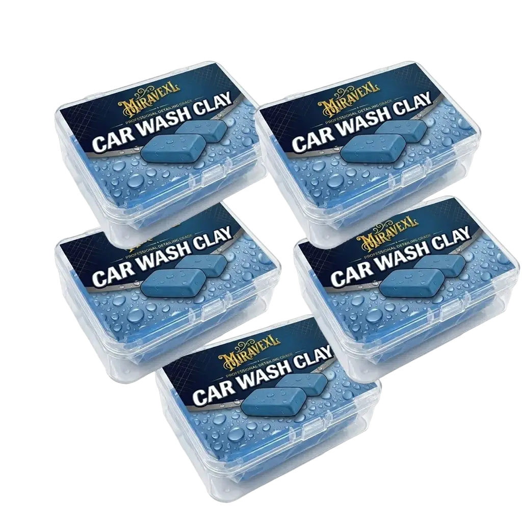 Five-pack of miravexl professional blue clay bars in clear plastic containers for paint safe car detailing