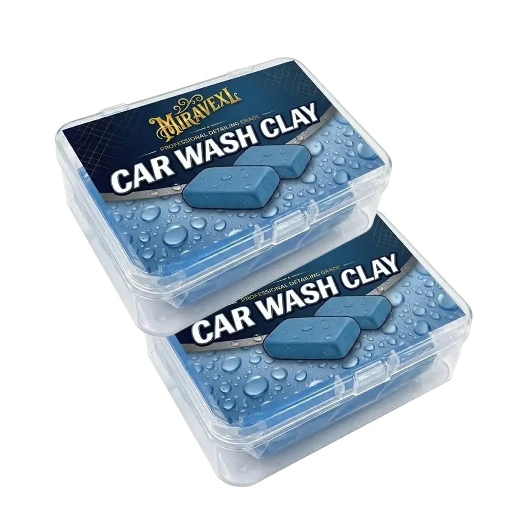 Two blue rectangular car wash clay bars in clear plastic containers by miravek for paint safe car detailing