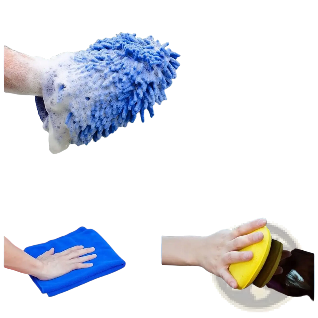 Blue microfiber car wash mitt and yellow detailing sponge for automotive cleaning in car detailing kit and brush set