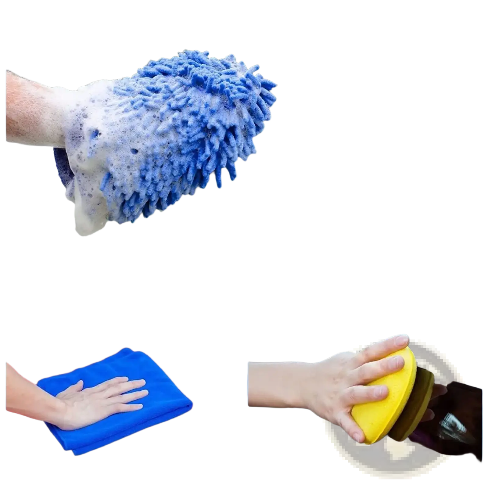 Blue microfiber car wash mitt and yellow detailing sponge for automotive cleaning in car detailing kit and brush set