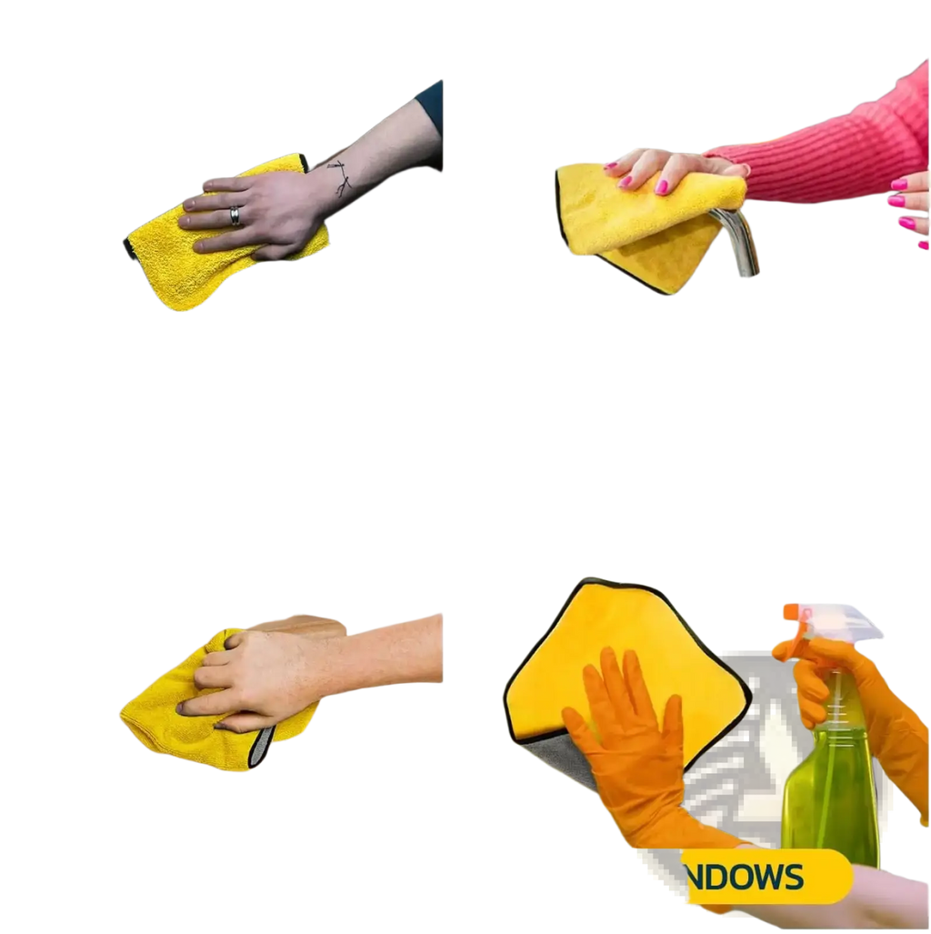 Bright yellow microfiber cleaning cloth with black border for car detailing kit used in household and automotive cleaning scenarios