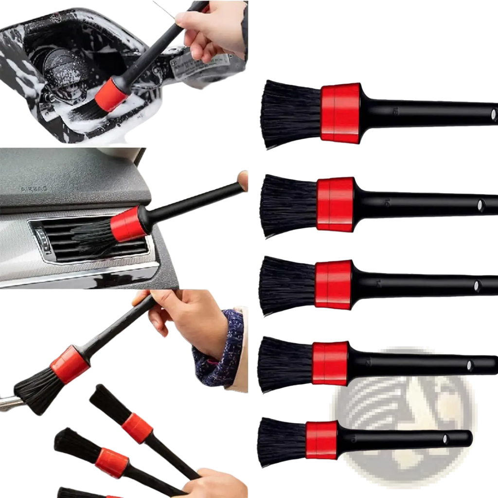 Set of five black car detailing brushes with red accents and dense bristles varying from 10 to 18 cm in length