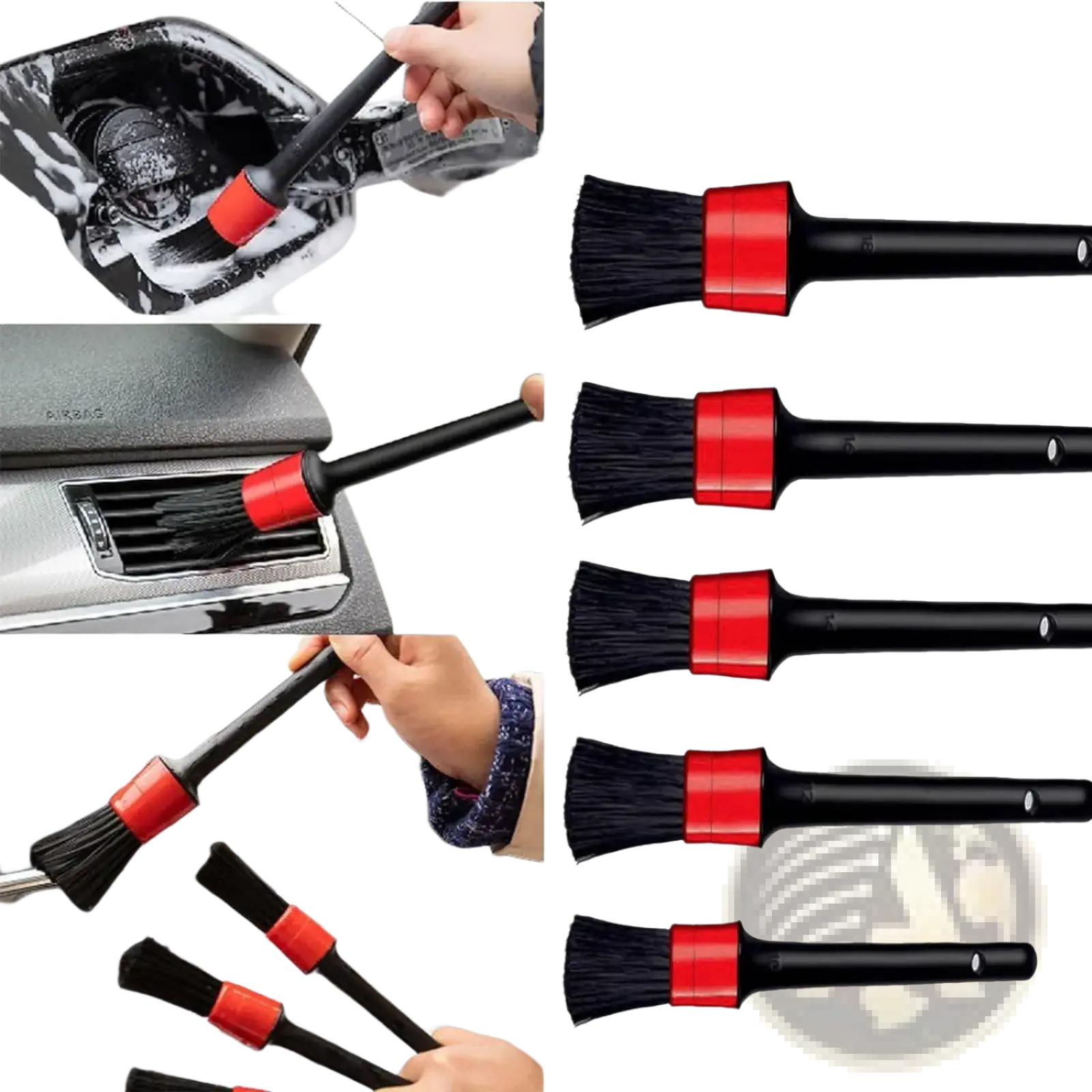 Set of five black car detailing brushes with red accents and dense bristles varying from 10 to 18 cm in length