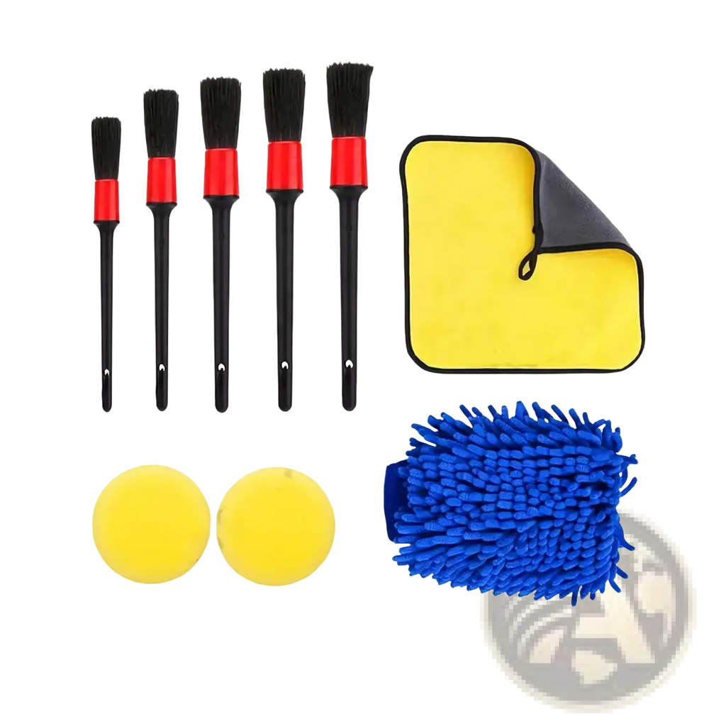 Set of five black and red car cleaning brushes for detailed car care in a car detailing kit and cleaning brush set