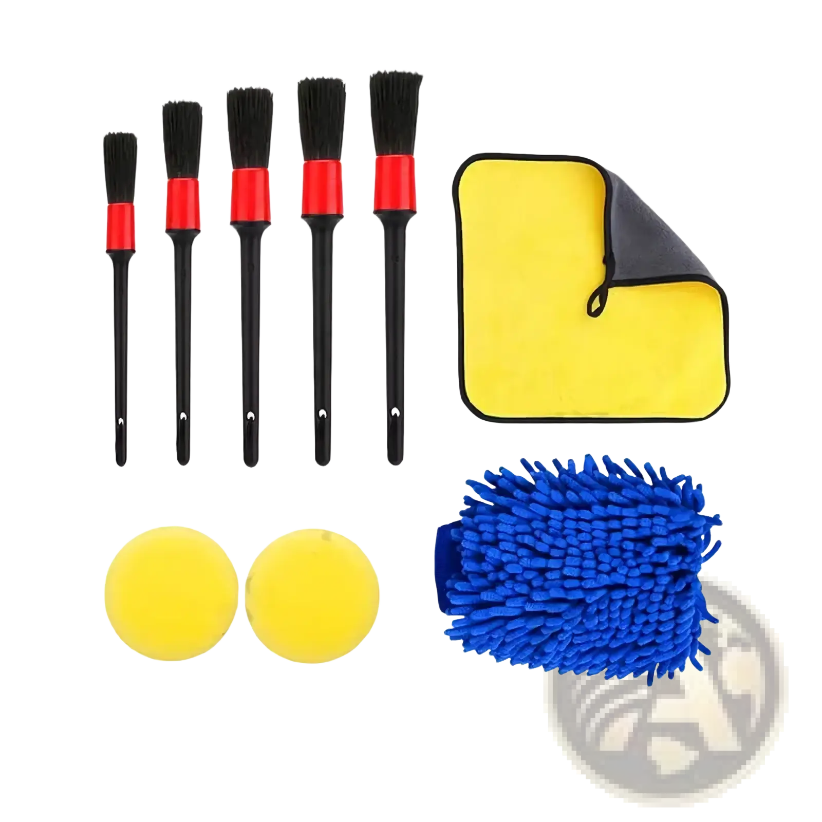 Set of five black and red car cleaning brushes for detailed car care in a car detailing kit and cleaning brush set