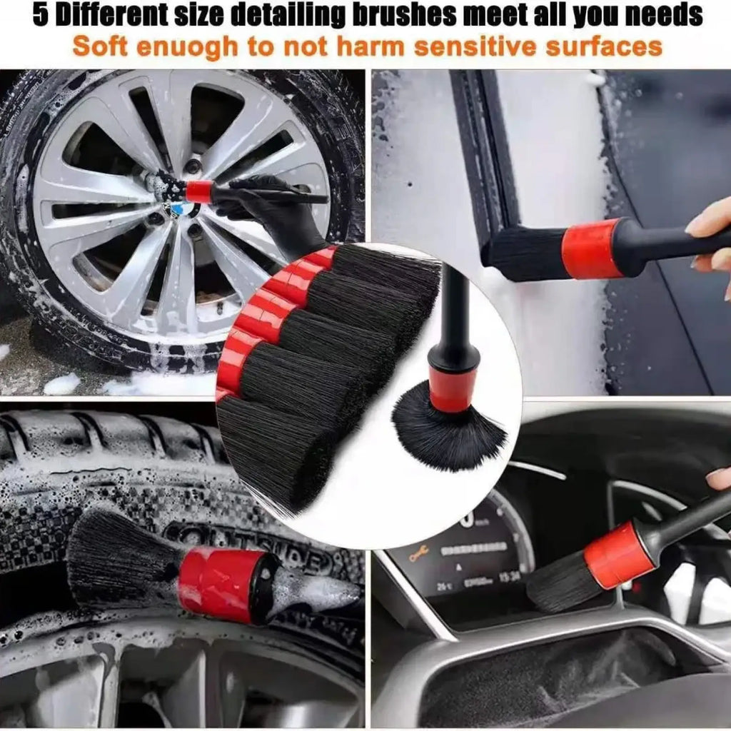 Set of five red and black car detailing brushes with soft dense bristles for gentle cleaning in car detailing kit