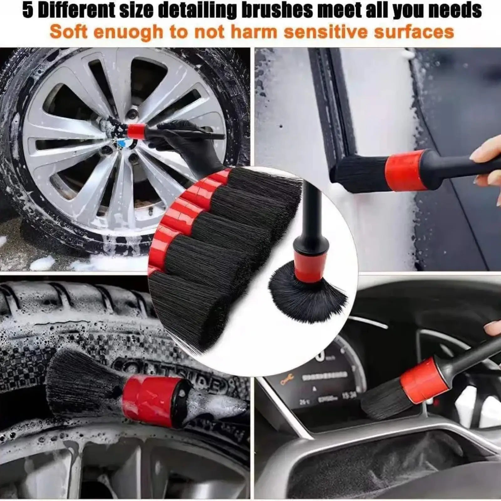 Set of five red and black car detailing brushes with soft dense bristles for gentle cleaning in car detailing kit
