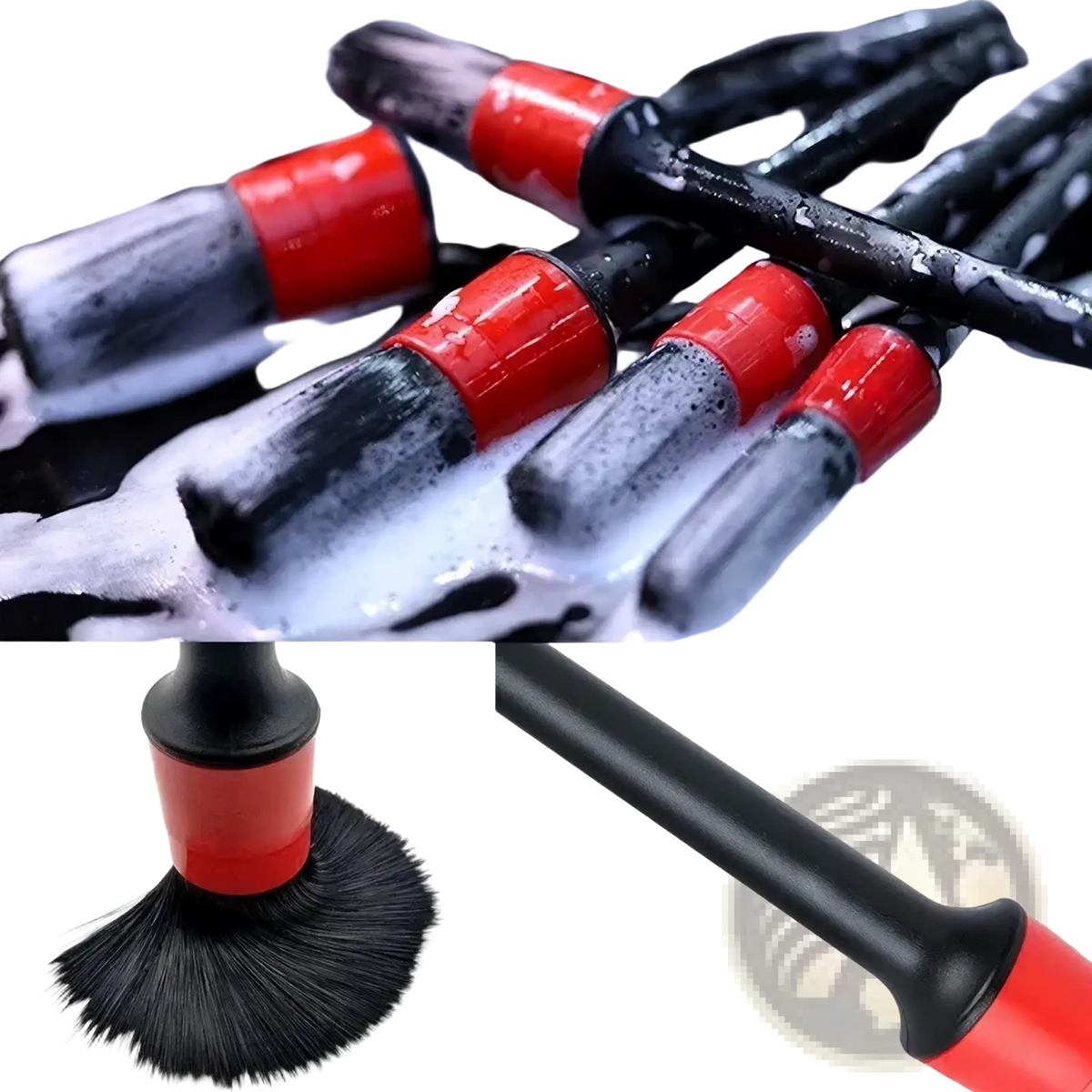 Red and black car detailing brush with sturdy plastic handle from car detailing kit and cleaning brush set
