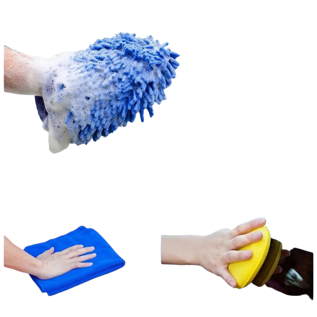Blue microfiber car wash mitt and yellow detailing sponge for automotive cleaning in car detailing kit and brush set