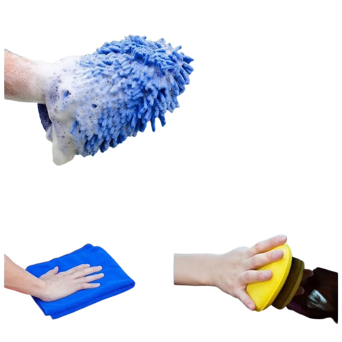 Blue microfiber car wash mitt and yellow detailing sponge for automotive cleaning in car detailing kit and brush set