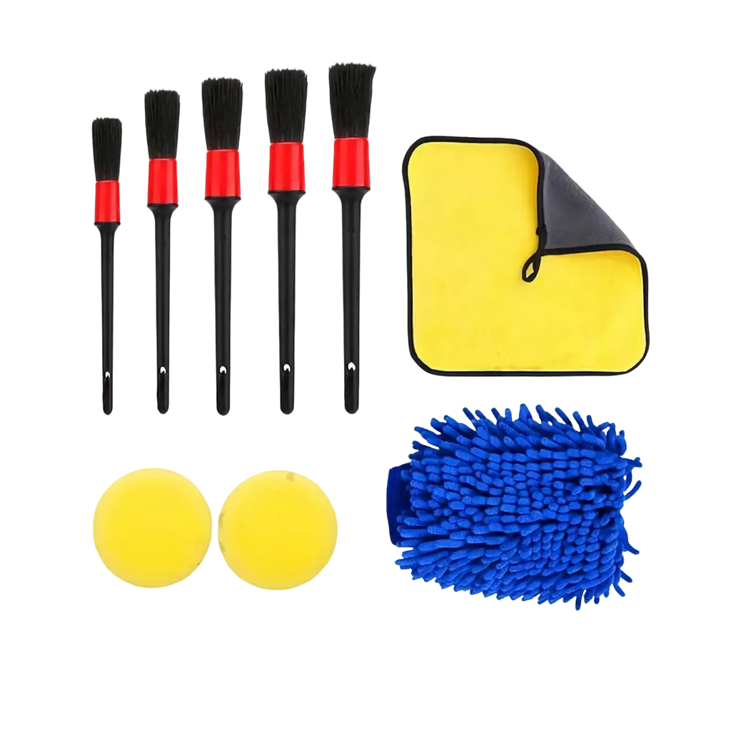 Set of five black and red car cleaning brushes for detailed car care in a car detailing kit and cleaning brush set