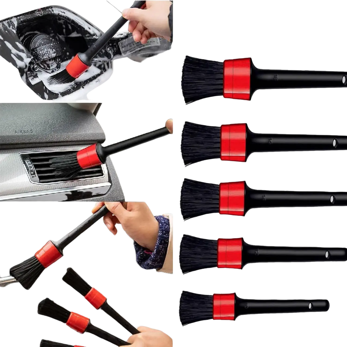 Set of five black car detailing brushes with red accents and dense bristles varying from 10 to 18 cm in length