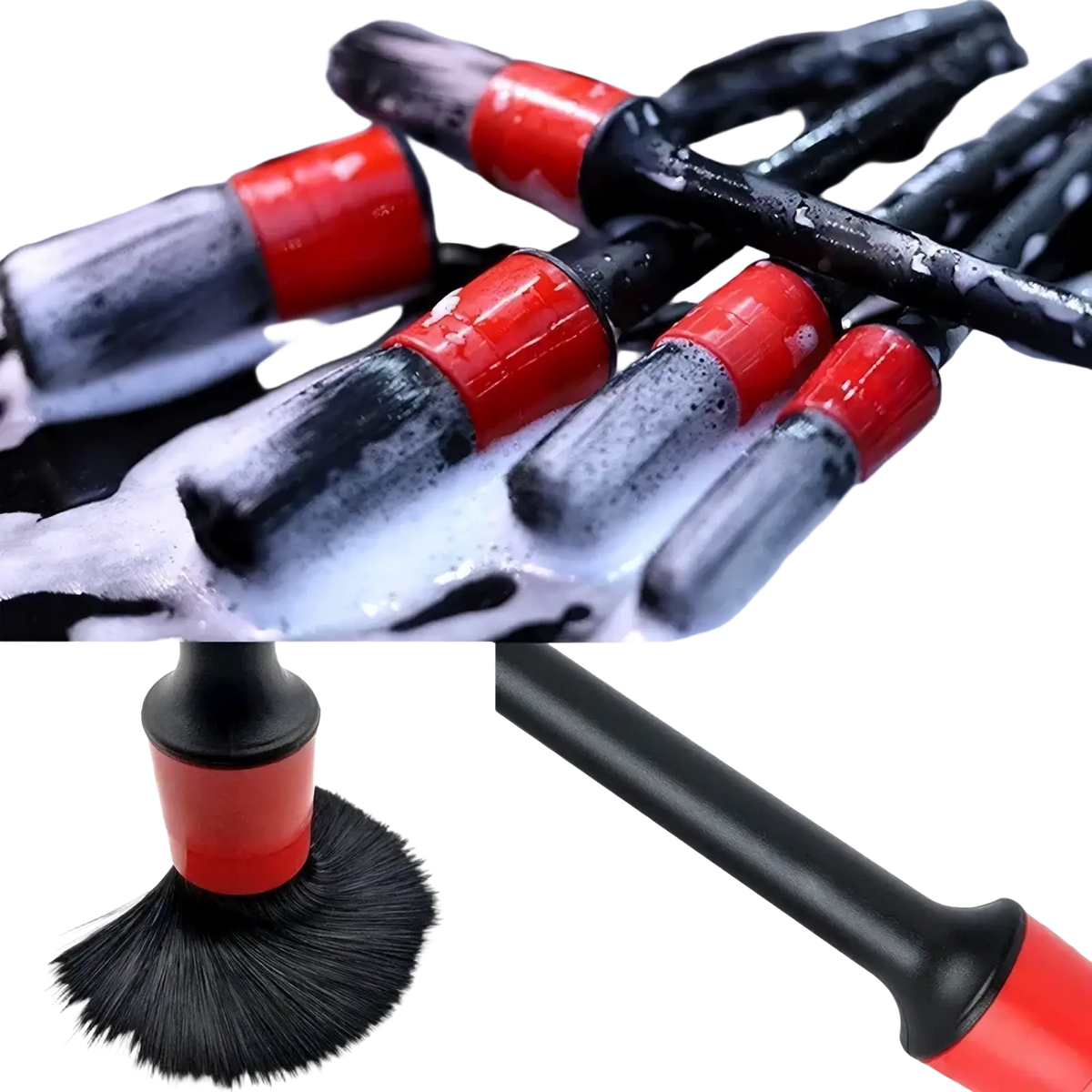 Red and black car detailing brush with sturdy plastic handle from car detailing kit and cleaning brush set