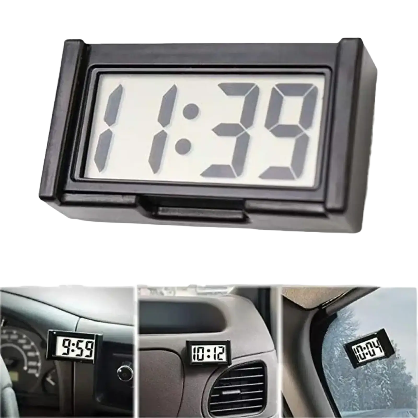 Black car digital clock dashboard adhesive display with a rectangular screen showing time in bold gray numerals