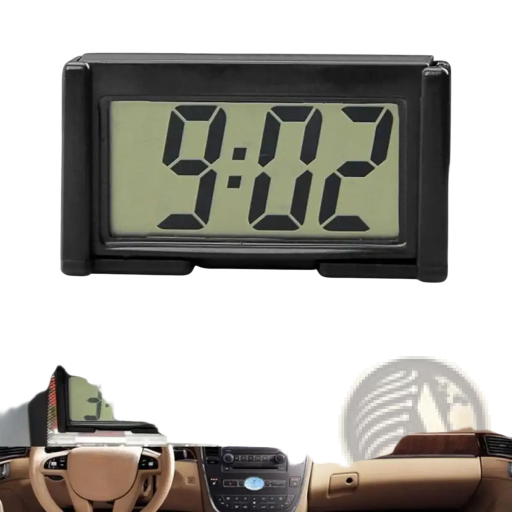 Black rectangular car digital clock with greenish LCD screen displaying 9:02 for dashboard adhesive display