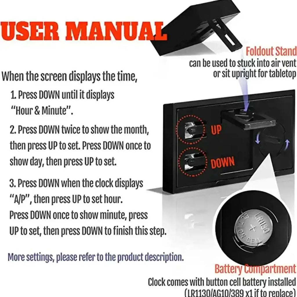 Black digital car clock dashboard adhesive display with foldout stand and two circular up and down buttons
