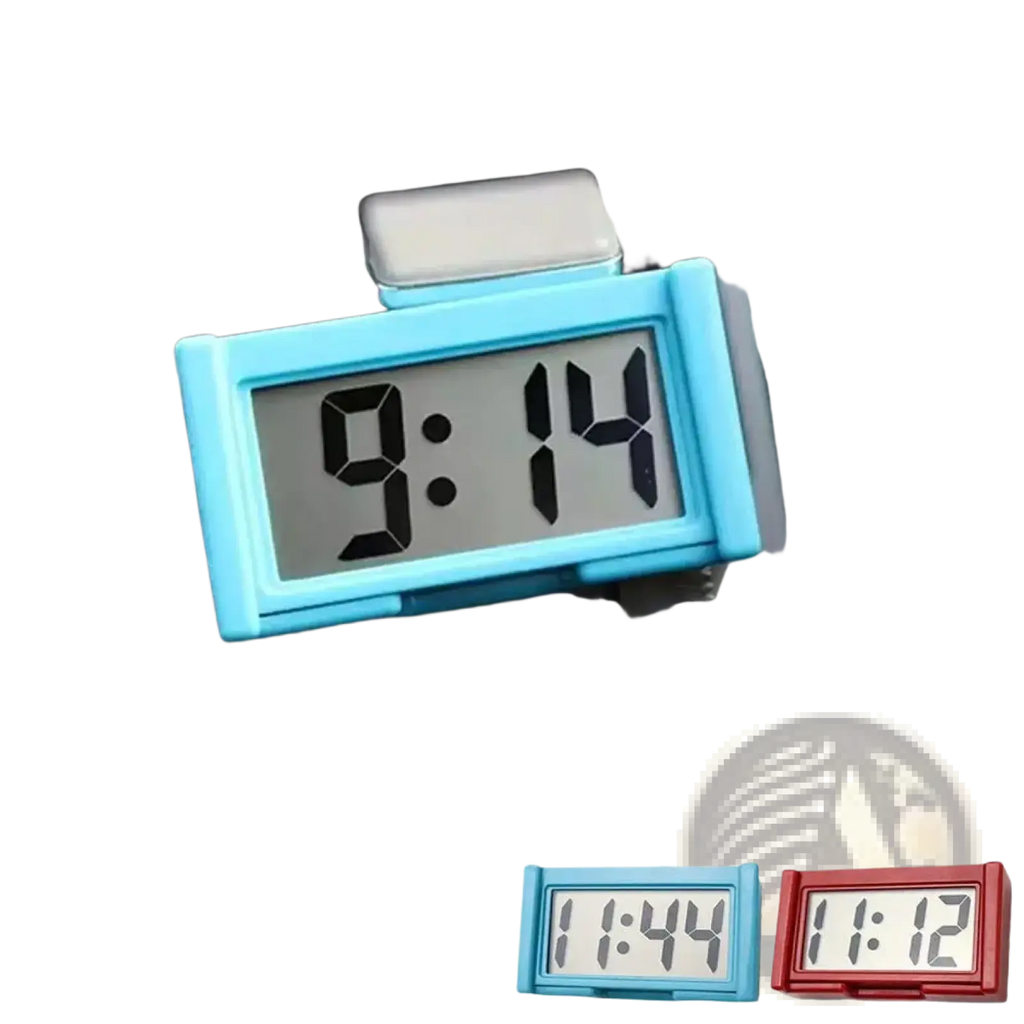 Light blue rectangular car digital clock with sleek plastic frame and black led display showing 9 14 for dashboard use