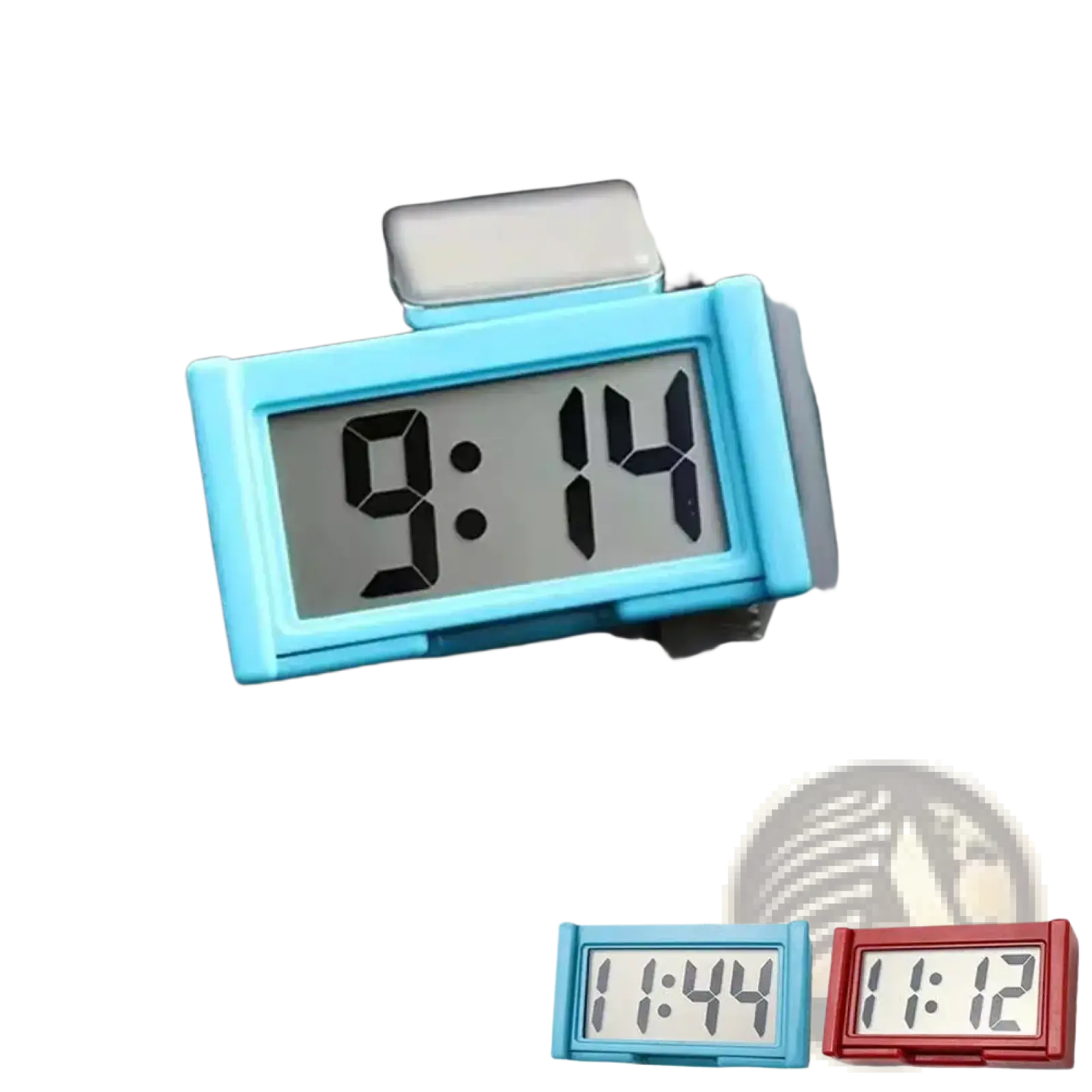 Light blue rectangular car digital clock with sleek plastic frame and black led display showing 9 14 for dashboard use
