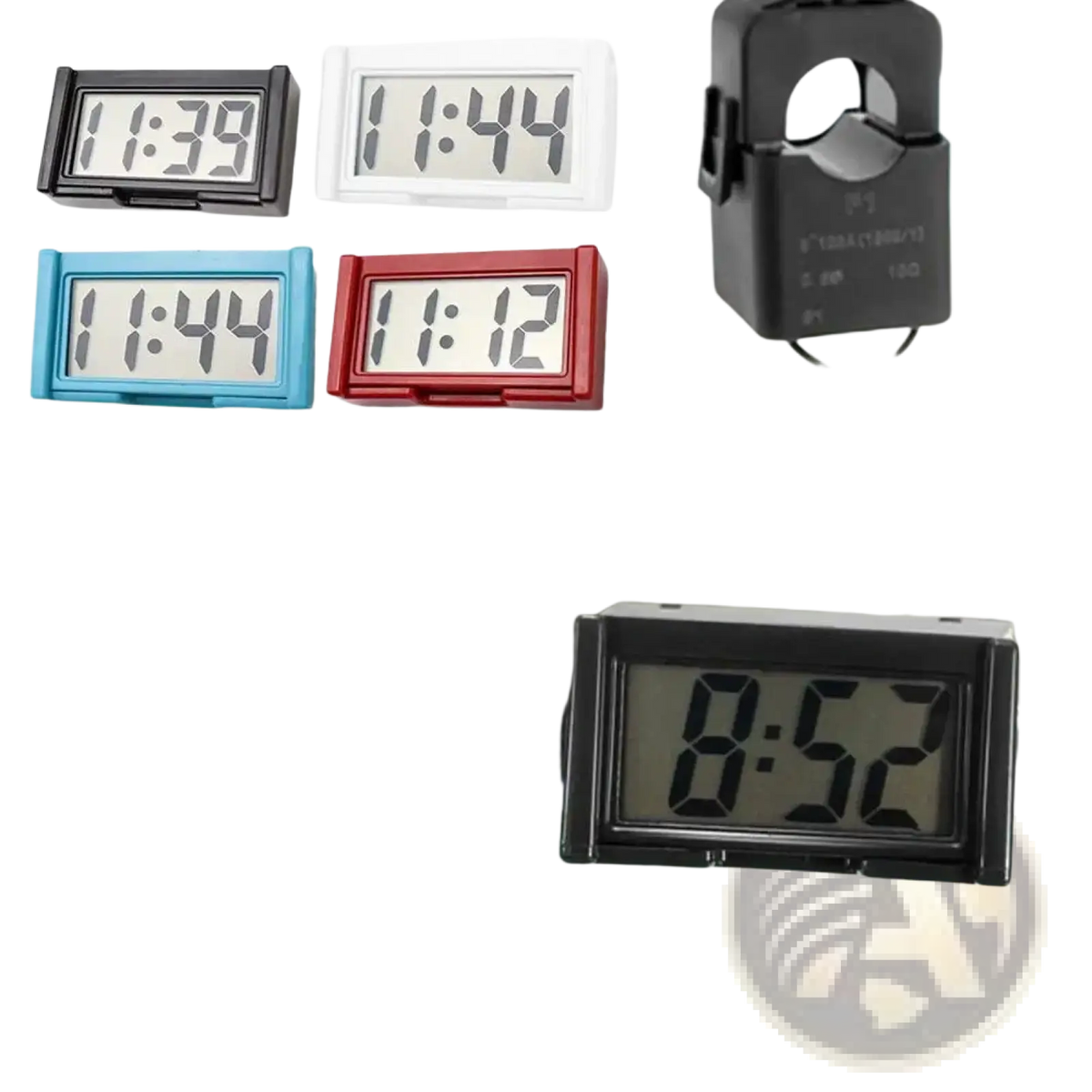 Black rectangular car digital clock with sleek plastic casing and illuminated LCD display showing 8 52 time