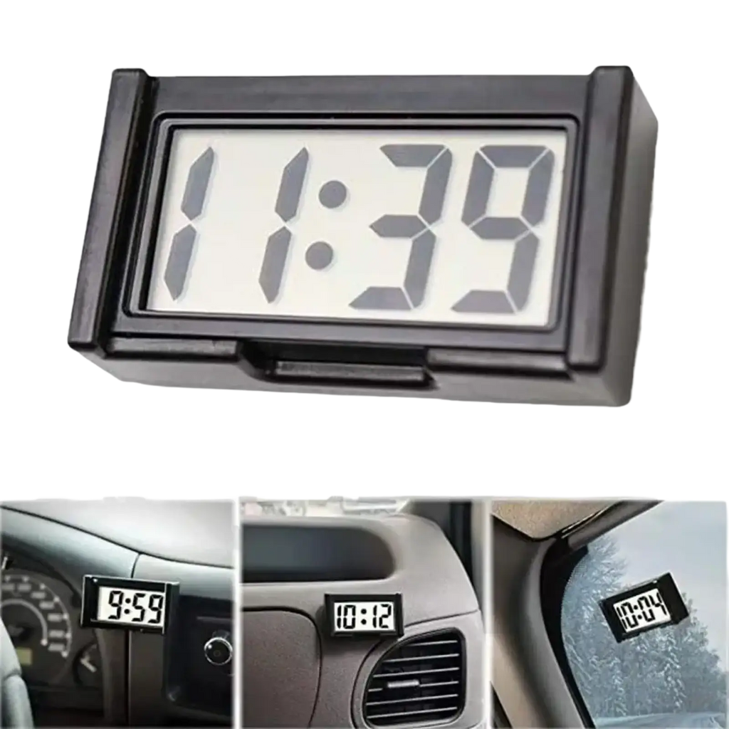 Black digital car clock dashboard adhesive electronic time display with rectangular display showing bold gray numerals