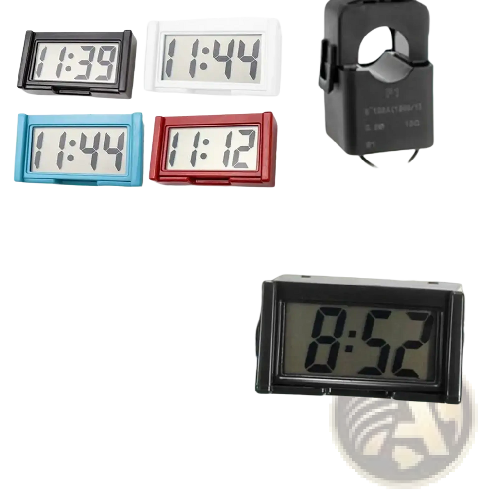 Black digital car dashboard clock with rectangular electronic time display showing 8 52 for vehicle use